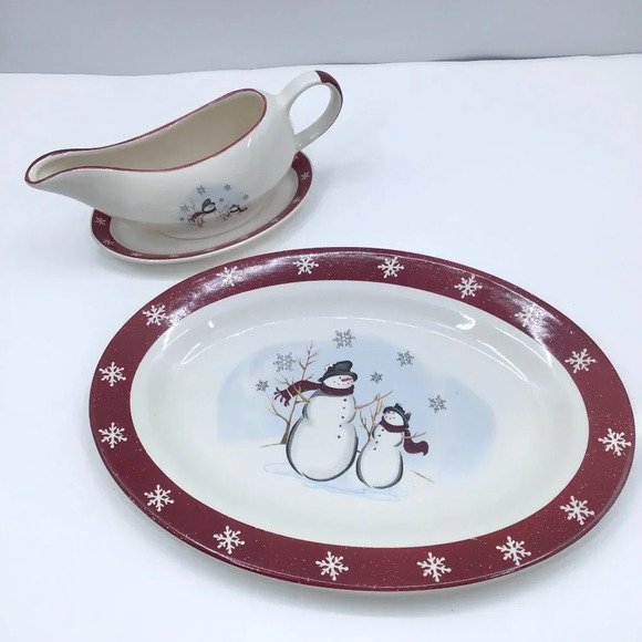 Royal Seasons Christmas Snowmen Gravy Boat Underplate Relish and Serving Platter - Picture 1 of 15
